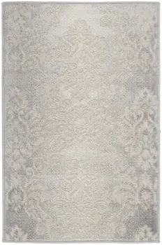 2' X 3' Ivory and Gray Damask Distressed Non Skid Area Rug