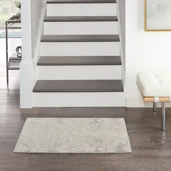 2' X 3' Ivory and Gray Damask Distressed Non Skid Area Rug