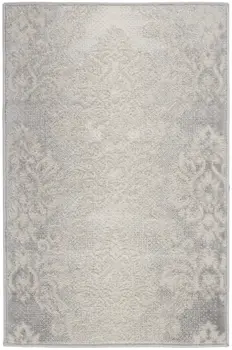 2' X 3' Ivory and Gray Damask Distressed Non Skid Area Rug