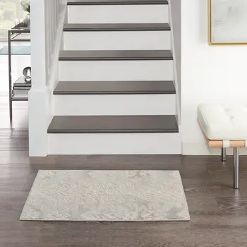 2' X 3' Ivory and Gray Damask Distressed Non Skid Area Rug