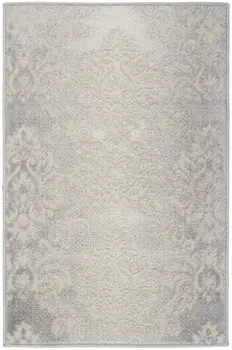 2' X 3' Ivory and Gray Damask Distressed Non Skid Area Rug