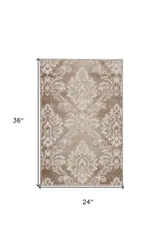 2' X 3' Ivory and Brown Damask Distressed Non Skid Area Rug