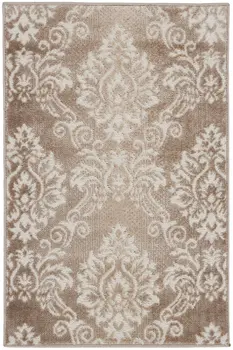 2' X 3' Ivory and Brown Damask Distressed Non Skid Area Rug