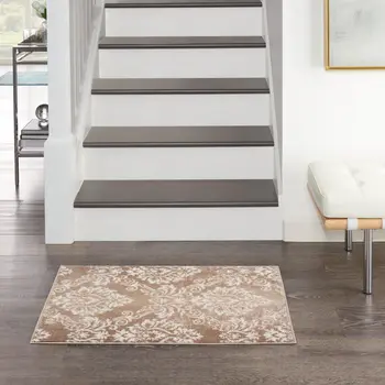 2' X 3' Ivory and Brown Damask Distressed Non Skid Area Rug