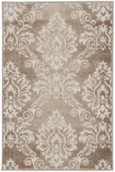 2' X 3' Ivory and Brown Damask Distressed Non Skid Area Rug