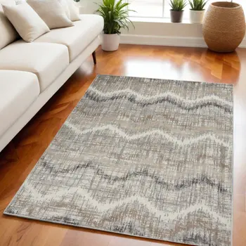 5' X 7' Ivory Gray and Brown Chevron Non Skid Area Rug