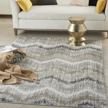 5' X 7' Ivory Gray and Brown Chevron Non Skid Area Rug
