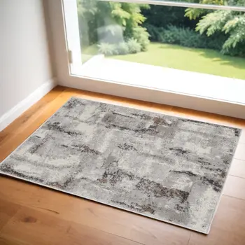 2' X 3' Ivory Black and Gray Abstract Non Skid Area Rug