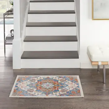 2' X 3' Ivory Blue and Orange Floral Non Skid Area Rug