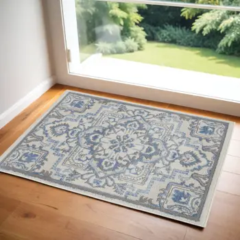 2' X 3' Ivory Blue and Gray Floral Non Skid Area Rug