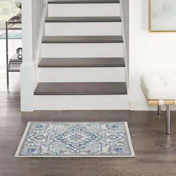 2' X 3' Ivory Blue and Gray Floral Non Skid Area Rug