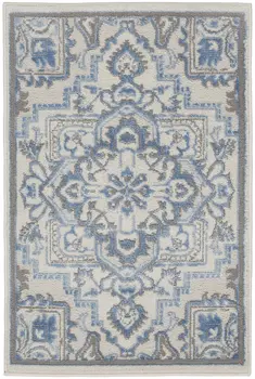 2' X 3' Ivory Blue and Gray Floral Non Skid Area Rug