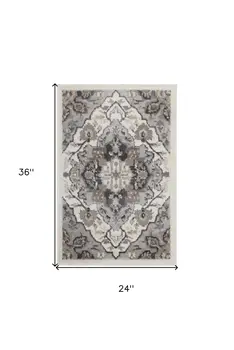 2' X 3' Ivory Black and Gray Floral Non Skid Area Rug