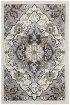 2' X 3' Ivory Black and Gray Floral Non Skid Area Rug