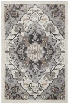 2' X 3' Ivory Black and Gray Floral Non Skid Area Rug