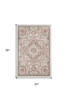 2' X 3' Ivory and Red Floral Non Skid Area Rug