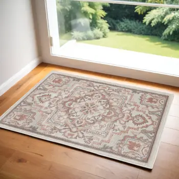 2' X 3' Ivory and Red Floral Non Skid Area Rug