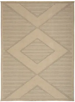 5' X 7' Natural And Beige Geometric Flatweave Non Skid Area Rug With Fringe
