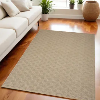 5' X 7' Natural Geometric Flatweave Non Skid Area Rug With Fringe