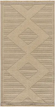 2' X 4' Natural And Beige Geometric Flatweave Non Skid Area Rug With Fringe