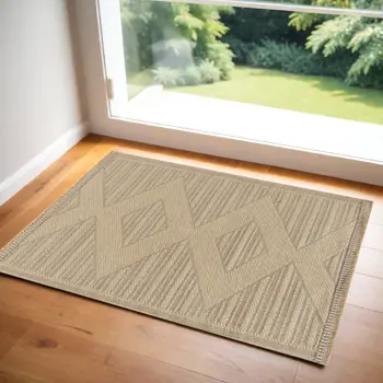 2' X 4' Natural And Beige Geometric Flatweave Non Skid Area Rug With Fringe