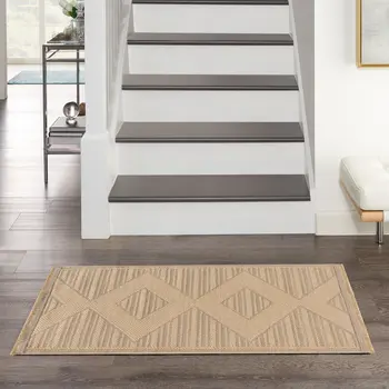 2' X 4' Natural And Beige Geometric Flatweave Non Skid Area Rug With Fringe