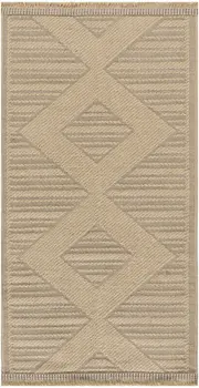 2' X 4' Natural And Beige Geometric Flatweave Non Skid Area Rug With Fringe