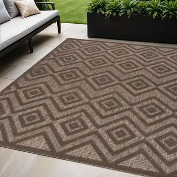 5' X 7' Dark Brown And Light Brown Geometric Indoor Outdoor Area Rug