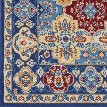 6' Ivory Red and Blue Ogee Distressed Non Skid Runner Rug