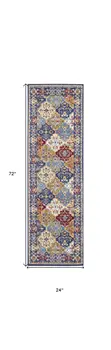 6' Ivory Red and Blue Ogee Distressed Non Skid Runner Rug