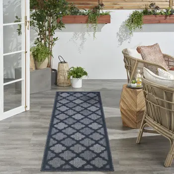 6' Navy Blue And Ivory Geometric Indoor Outdoor Area Rug