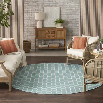 8' Aqua And Ivory Geometric Indoor Outdoor Area Rug