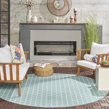 8' Aqua And Ivory Geometric Indoor Outdoor Area Rug