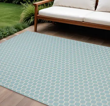 9' X 12' Aqua And Ivory Geometric Indoor Outdoor Area Rug