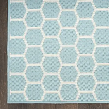9' X 12' Aqua And Ivory Geometric Indoor Outdoor Area Rug