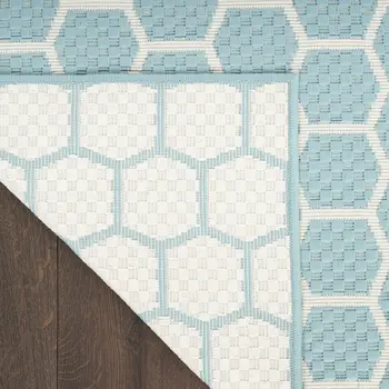 9' X 12' Aqua And Ivory Geometric Indoor Outdoor Area Rug
