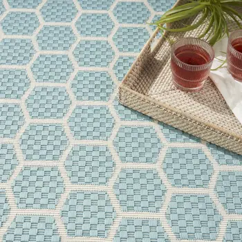 9' X 12' Aqua And Ivory Geometric Indoor Outdoor Area Rug