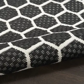 6' Black And Ivory Geometric Indoor Outdoor Area Rug