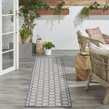 6' Blue And Ivory Geometric Indoor Outdoor Area Rug