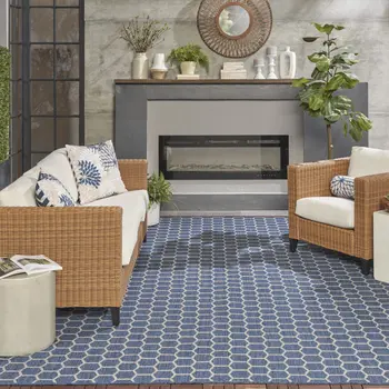 10' X 14' Blue And Beige Geometric Indoor Outdoor Area Rug