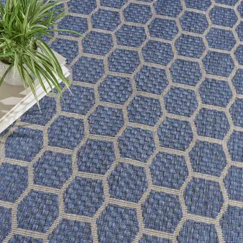 10' X 14' Blue And Beige Geometric Indoor Outdoor Area Rug