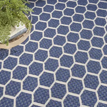 8' Navy Blue And Ivory Geometric Indoor Outdoor Area Rug