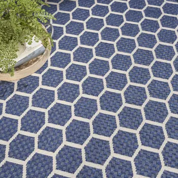 8' Navy Blue And Ivory Geometric Indoor Outdoor Area Rug
