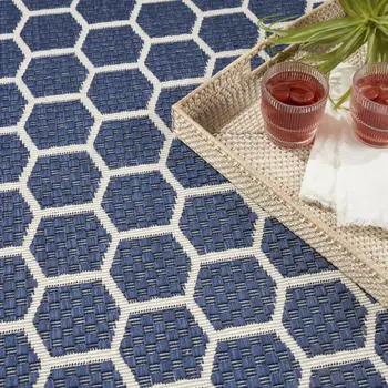8' X 10' Navy Blue And Ivory Geometric Indoor Outdoor Area Rug