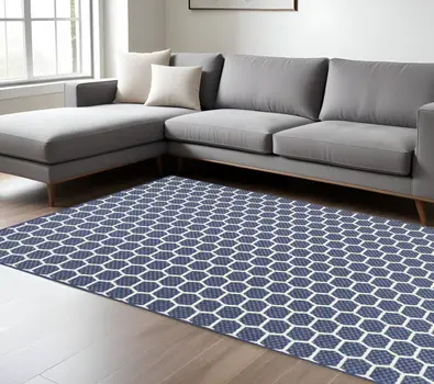 9' X 12' Navy Blue And Ivory Geometric Indoor Outdoor Area Rug