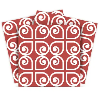 12" X 12" Brick Red And White Scroll Peel and Stick Removable Tiles