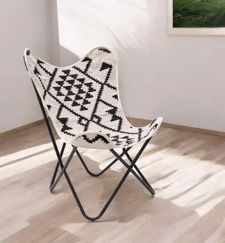 26" Beige And Black And Black Geometric Butterfly Chair