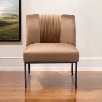 25" Brown And Brass Velvet And Upholstered Tufted Slipper Chair