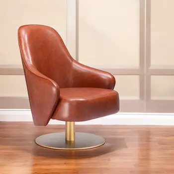 28" Brown And Gold Faux Leather And Faux Leather Swivel Arm Chair