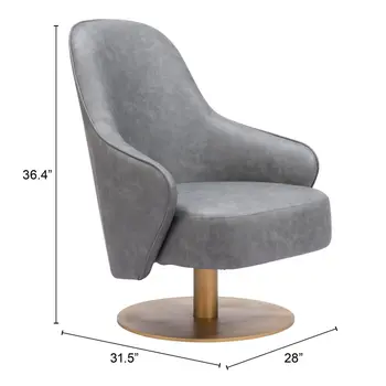 28" Gray And Gold Faux Leather And Faux Leather Swivel Arm Chair